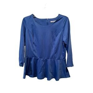 NY Collection Peplum Top Womens Large Blue Polyester Stretch Round Neck Back Zip